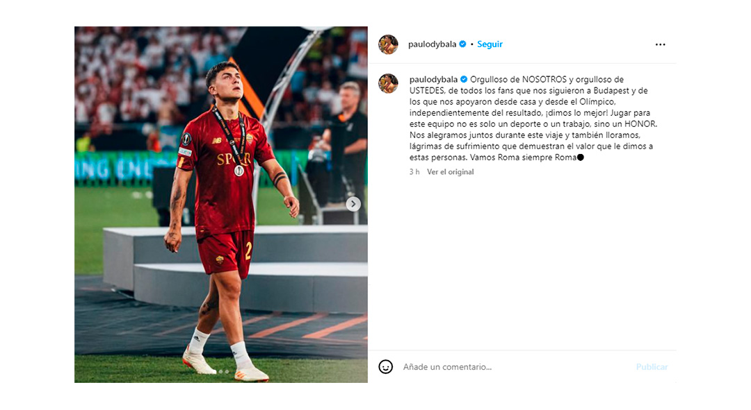 El mensaje de Paulo Dybala en su cuenta de Instagram tras la derrota en la final de la Europa League ante Sevilla 