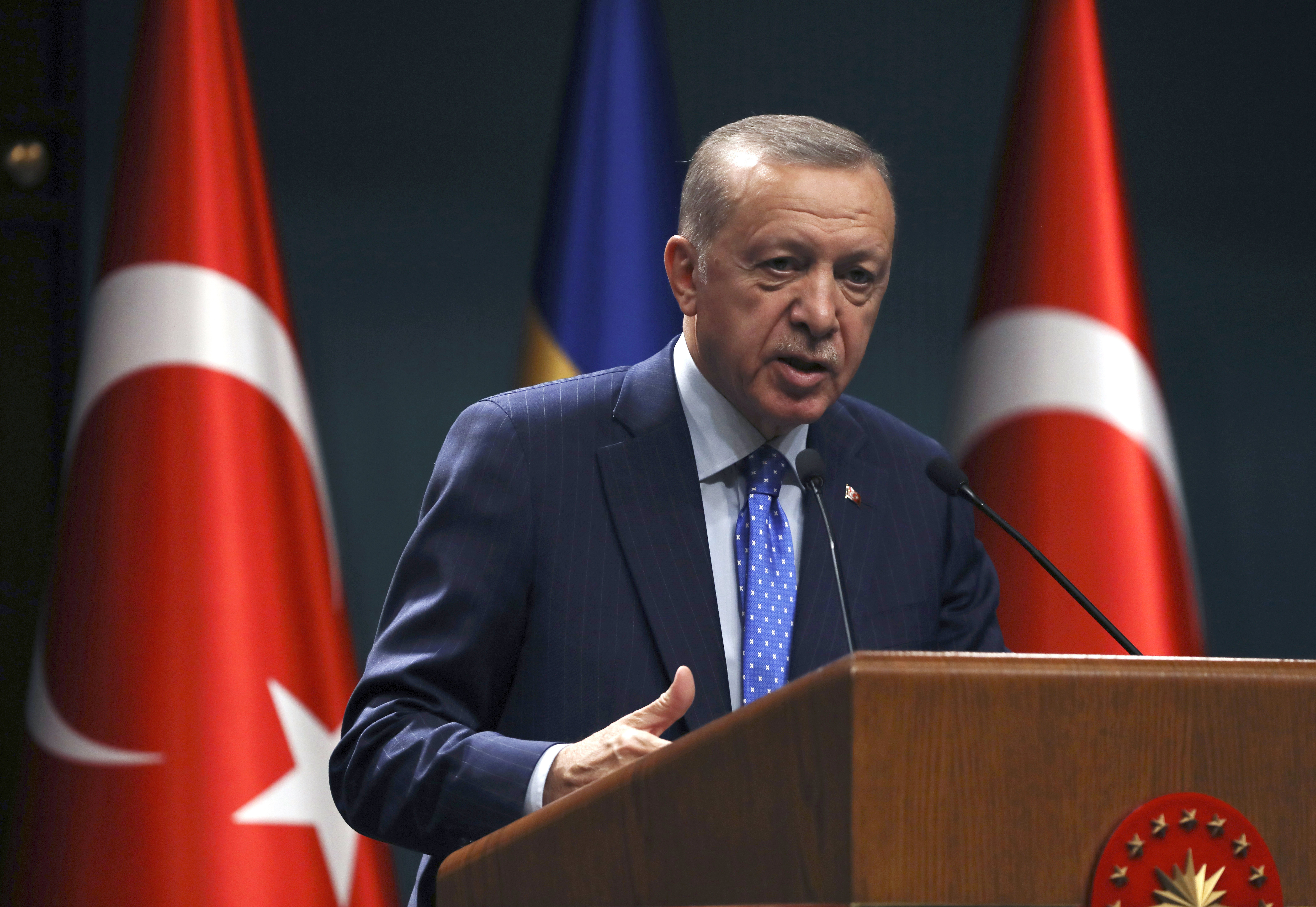 Turkish President Recep Tayyip Erdogan speaks during a joint press conference with new Swedish Prime Minister Ulf Kristerson on November 8, 2022 in Ankara, Turkey.  (AP Photo/Burhan Osbilici, File)