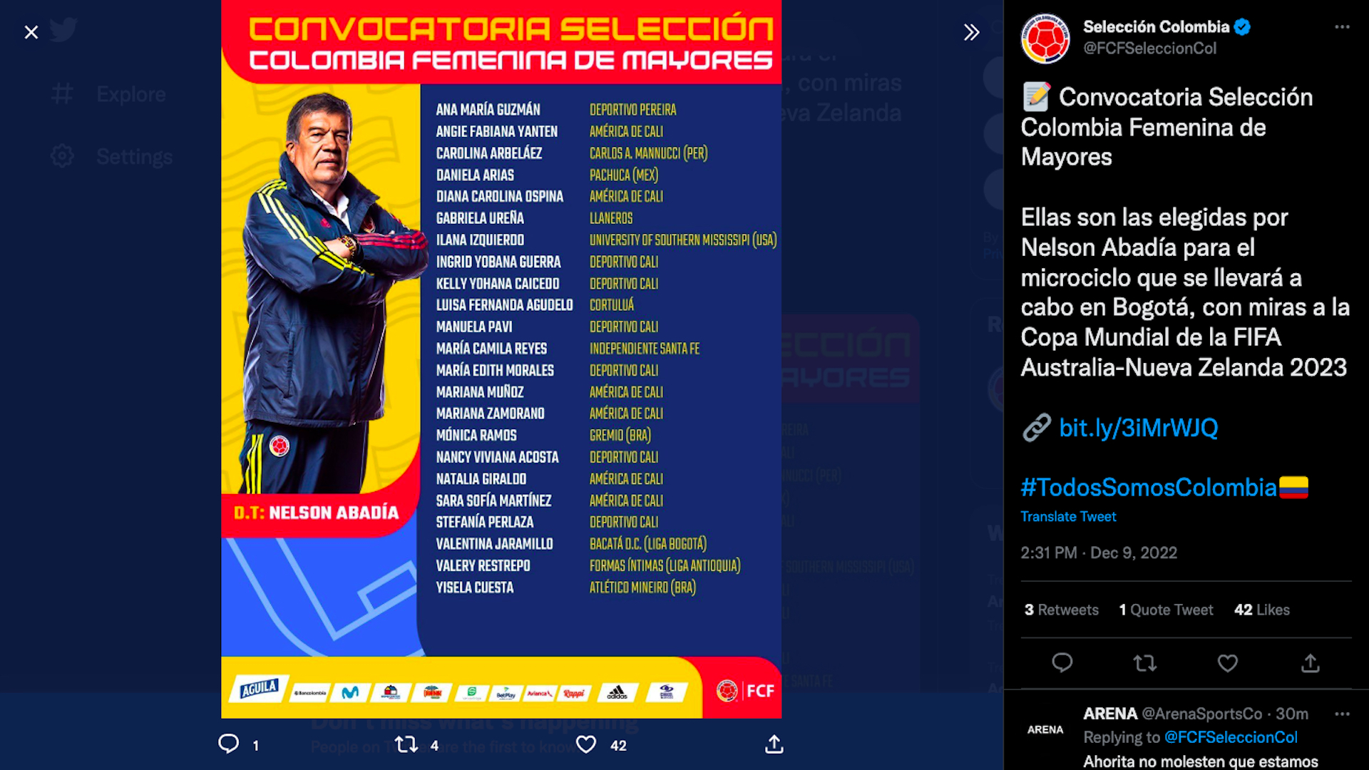 Convocatoria de la selección Colombia femenina para el microciclo preparatorio de la Copa del Mundo 2023 / (Twitter: @FCFSeleccionCol)