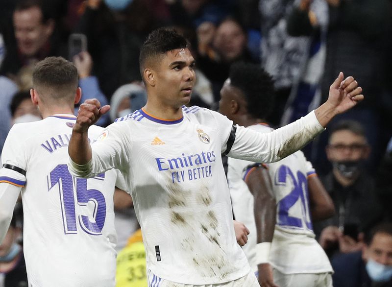 FILE PHOTO: Brazilian soccer player Casemiro celebrates after scoring a goal during the Spanish soccer league match between Real Madrid and Getafe at the Santiago Bernabeu stadium in Madrid, Spain, April 9, 2022. REUTERS/Javier Barbancho