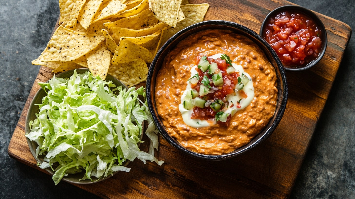 Dip de frijol con queso acompañado de totopos