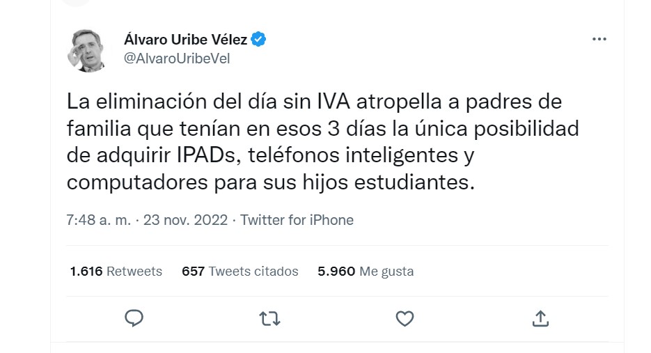Uribe's criticism of the Petro Government after announcing that VAT Free Day will be eliminated