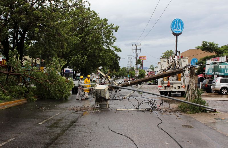 Un árbol caído y un poste de electricidad se muestran cuando el huracán Nora se acerca a Manzanillo, en el estado Colima, México, el 28 de agosto de 2021. REUTERS / Jesus Lozoya  NO RESALES. NO ARCHIVES