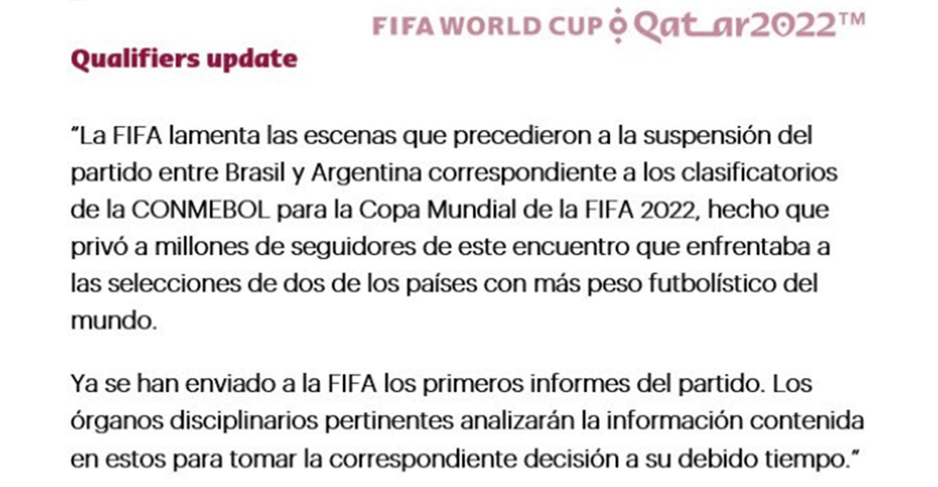 El comunicado que emitió la FIFA este lunes