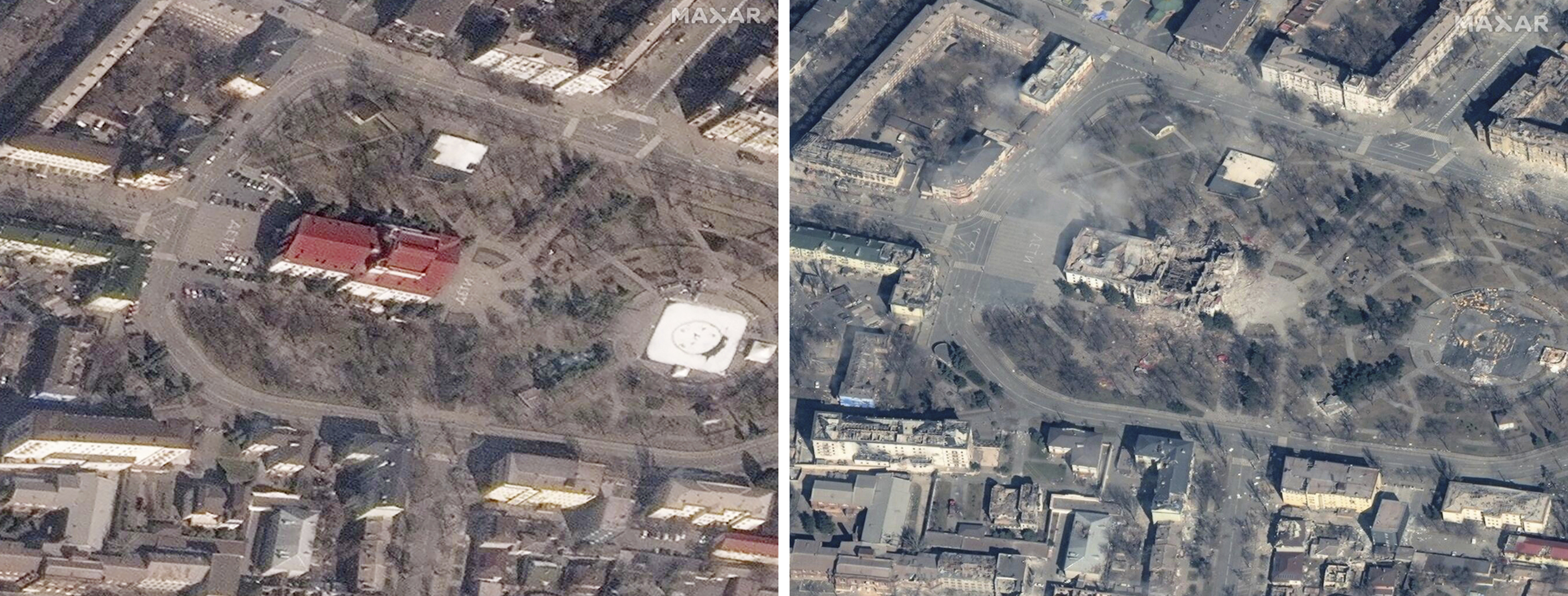 Esta combinación de fotos proporcionadas por Maxar Technologies muestra el Teatro Dramático Regional Académico de Donetsk en Mariupol, Ucrania, el 14 de marzo de 2022, a la izquierda, antes del bombardeo ruso y después del 29 de marzo. El bombardeo ocurrió el 16 de marzo y se destaca como el ataque más mortífero conocido contra civiles hasta la fecha en la guerra en Ucrania. (Imagen satelital ©2022 Maxar Technologies vía AP)