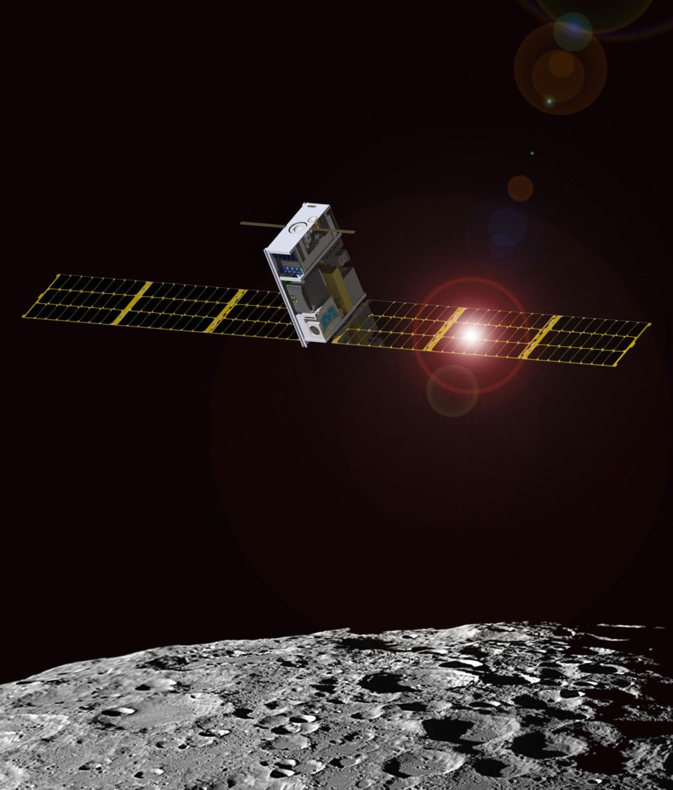 Una ilustración de Lunar IceCube, el nanosatélite que utilizará instrumentos sofisticados para ‘olfatear’ el agua y otros recursos sobre la superficie lunar (Universidad Estatal de Morehead)