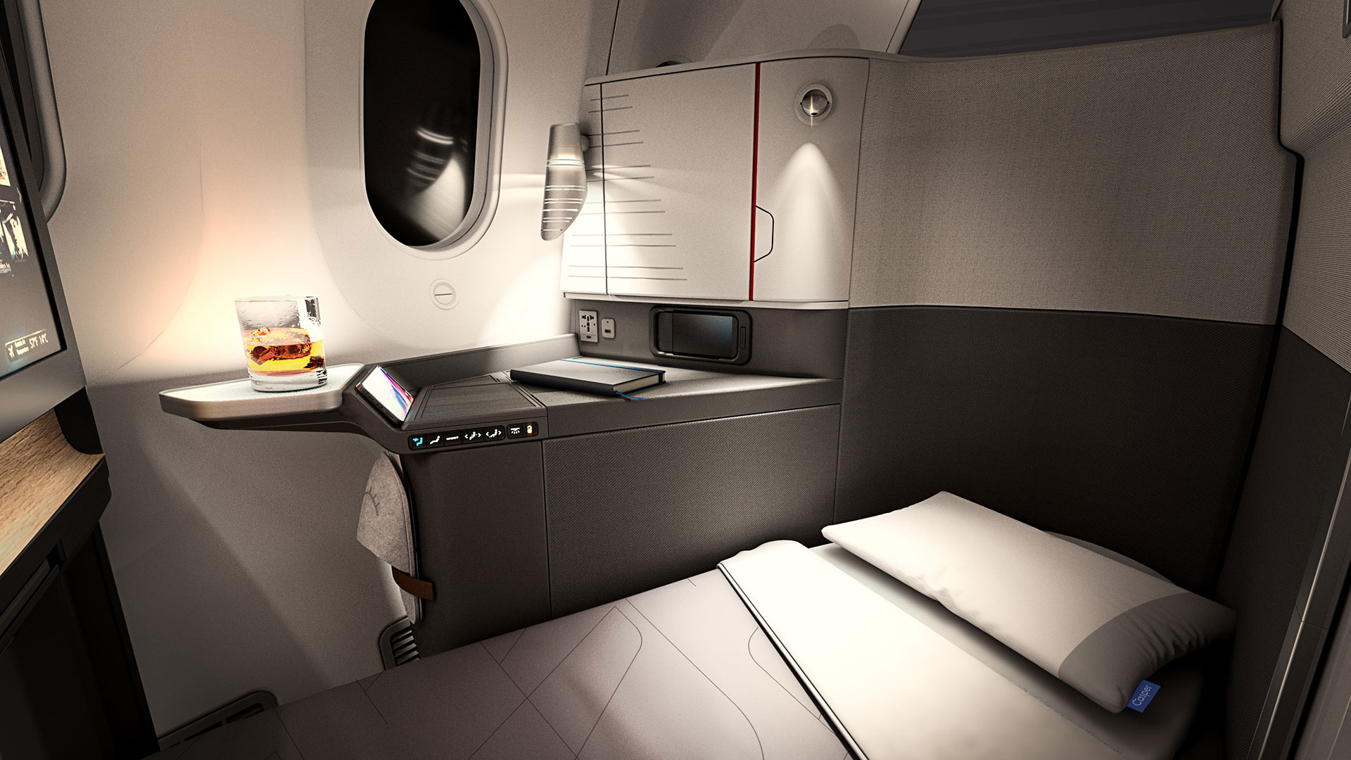 La Suite Flagship del Boeing 787-9 ofrece más comodidad con asientos tumbados y también puede convertirse en una posición de tumbona