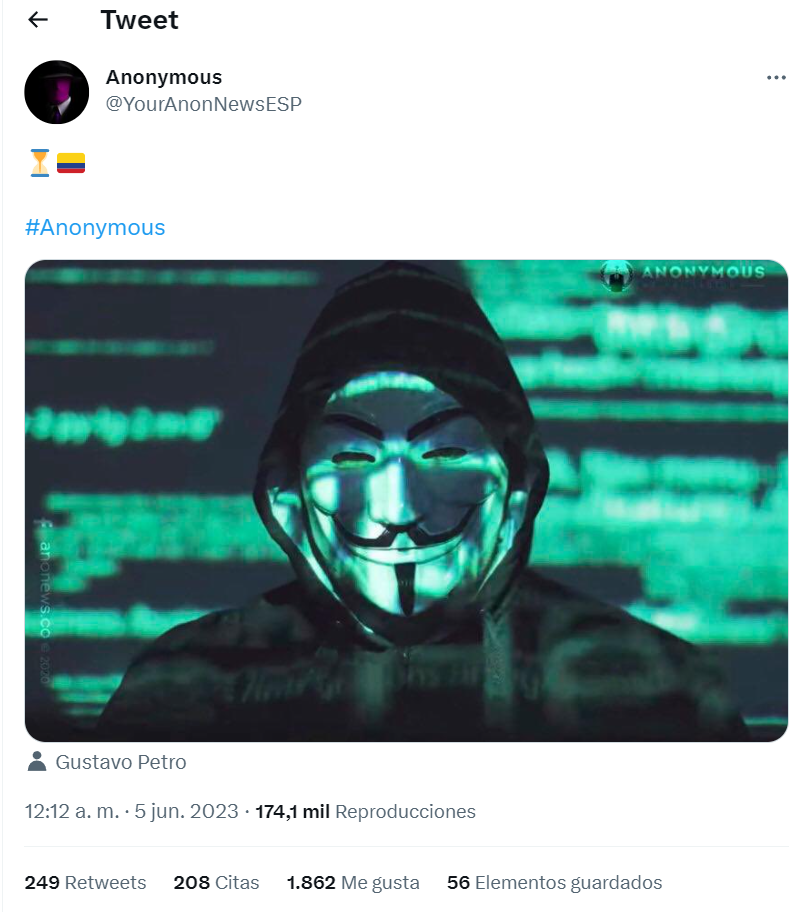 El grupo anónimo no se ha vuelto a pronunciar ni ha revelado información sobre el gobierno de Colombia. Twitter