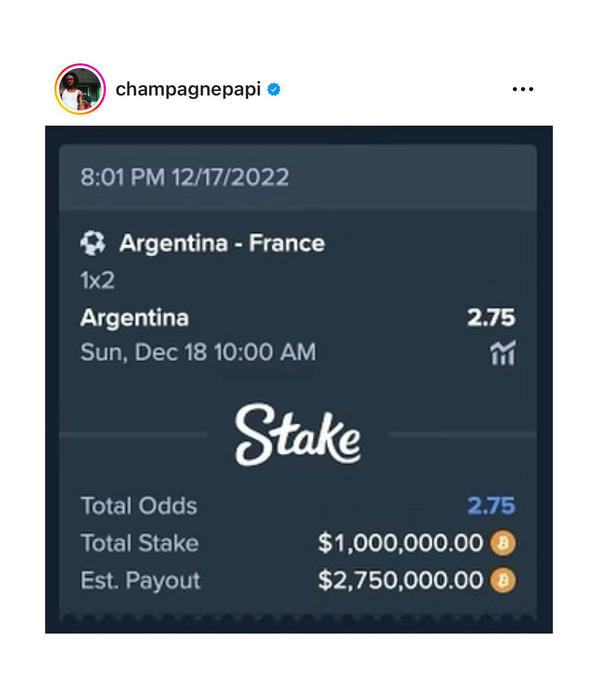 La apuesta de Drake que el rapero compartió en sus redes sociales