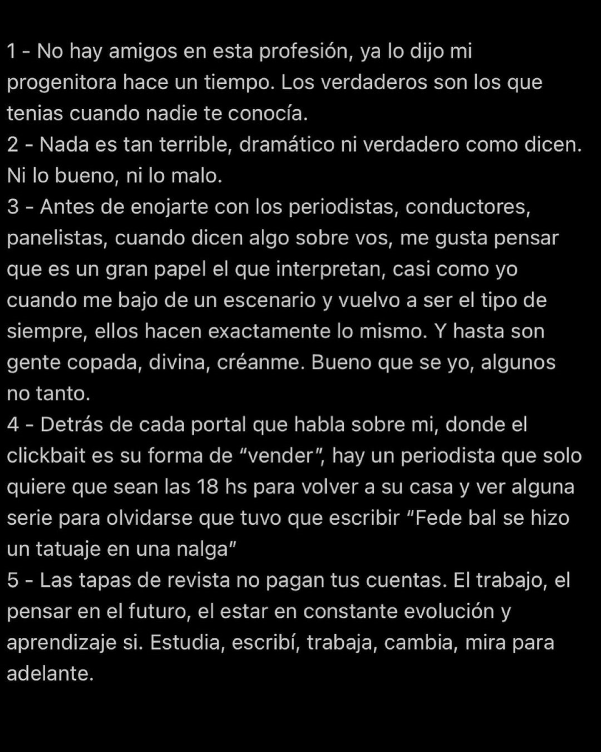 Cinco de las siete consideraciones que hizo Fede Bal para sus dos millones de seguidores de Instagram