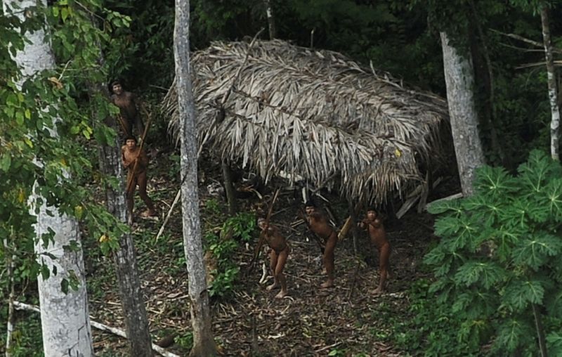 Imagen de archivo de indígenas que son considerados no contactados por antropólogos reaccionando al paso de un avión sobre su comunidad en la selva amazónica cerca del río Xinane en el estado brasileño de Acre, cerca de la frontera con Perú. 28 de marzo, 2014. REUTERS/Lunae Parracho/Archivo