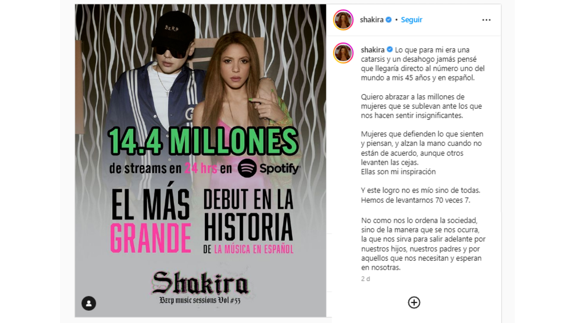 Las palabras de Shakira en Instagram luego de que la canción con Bizarrap llegue a impresionantes cifras