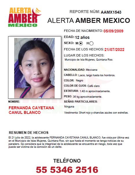 Fernanda Cayetana, menor desaparecida en Quintana Roo.
(Foto: Alerta Amber)