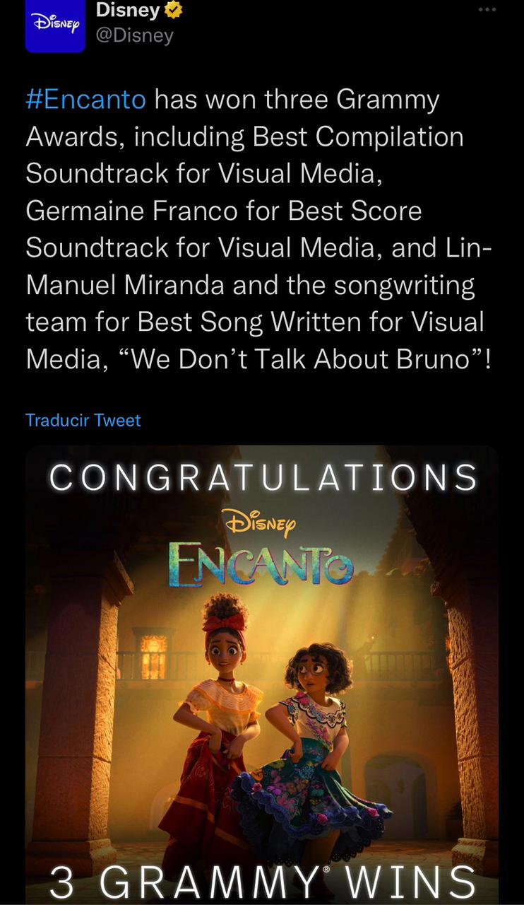 'Encanto' se llevó 3 Premios Grammy en las diferentes categorías en las que estaba nominada. @Disney/Twitter