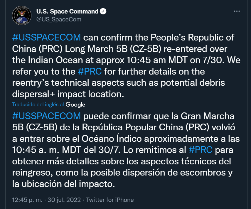 Informe del comando espacial de EEUU (Captura de pantalla: Twitter)