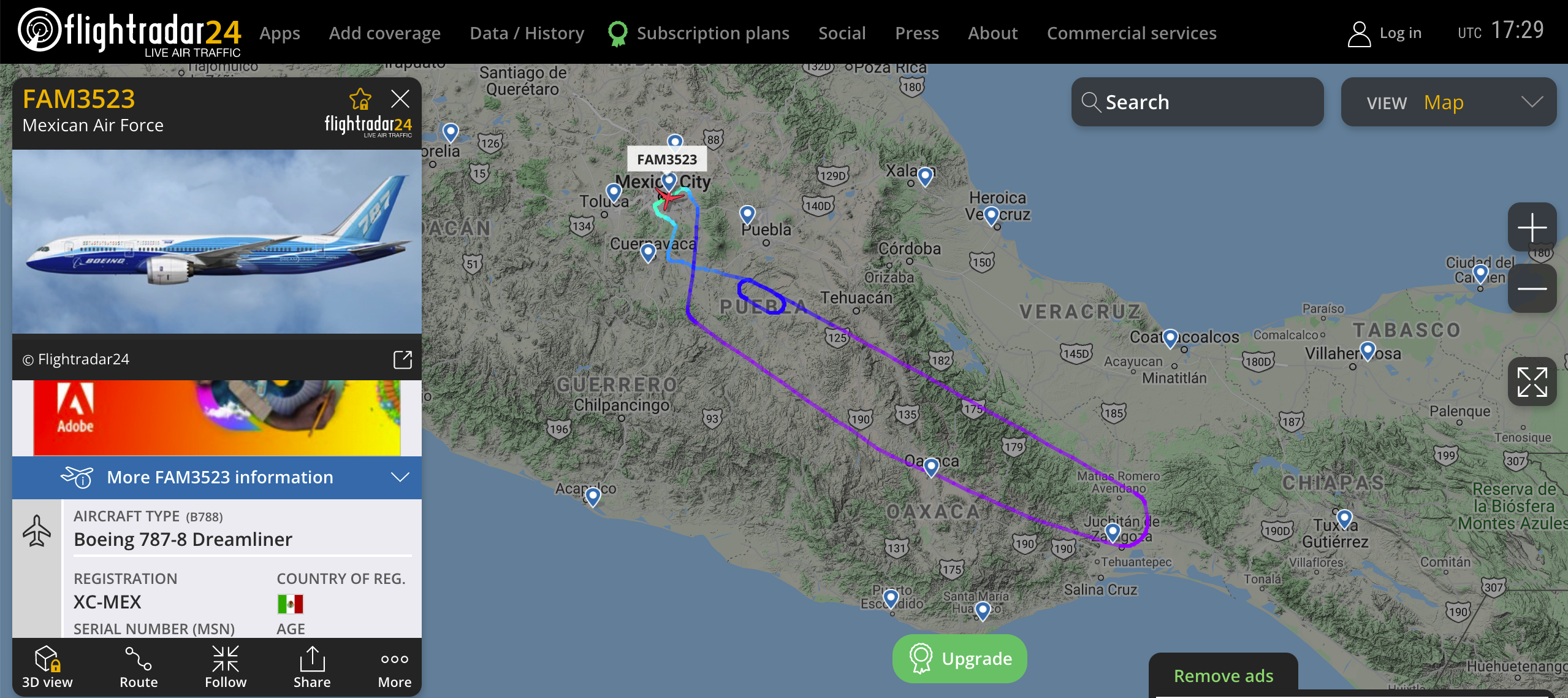 Ruta final del primer vuelo del Avión Presidencial en 2022. (Foto: Captura de pantalla / Flight Radar 24)
