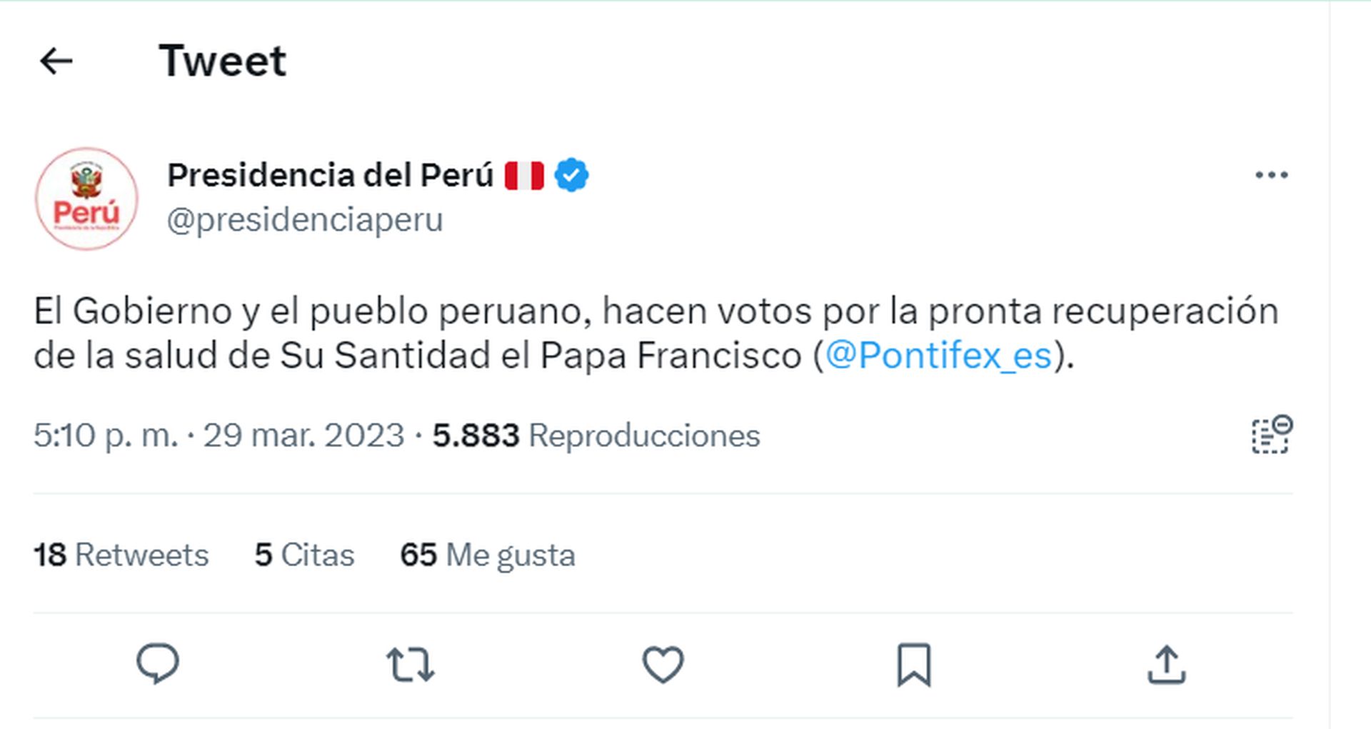 Gobierno del Perú hace votos por la salud del Papa Francisco