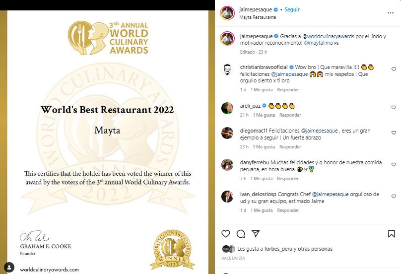 Jaime Pesaque agradece el reconocimiento a Mayta como mejor restaurante del mundo. (Instagram @jaimepesaque)