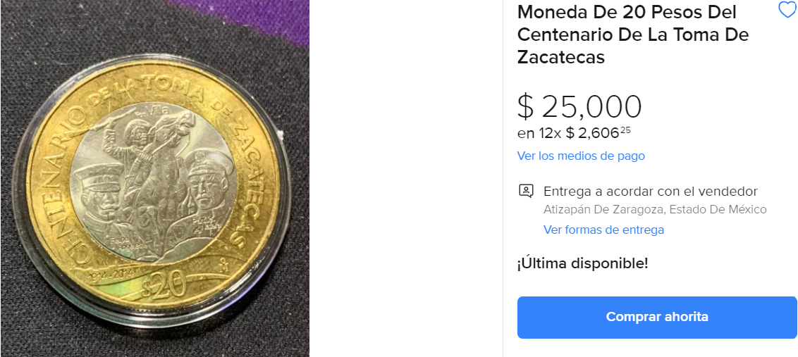 Este es el precio de la moneda de la Toma de Zacatecas (Captura de pantalla: Mercado Libre)