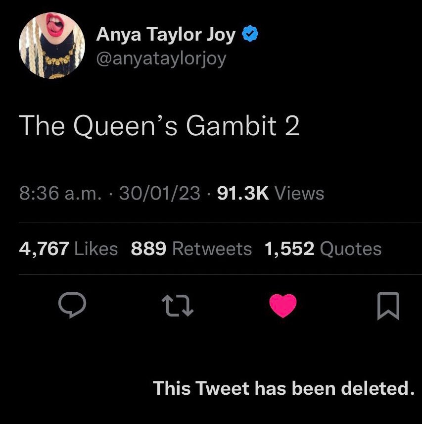Tweet con el que la actriz despertó la emoción de los fans de "Gambito de dama". (Netflix)