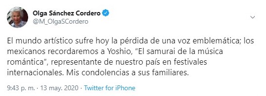 La funcionaria pública reconoció el legado cultural del cantante (Foto: Twitter@M_OlgaSCordero)