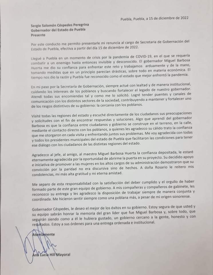 Carta de renuncia a la Secretaría de Gobernación de Puebla de Ana Lucía Hill (@ANALUCIAHILL)