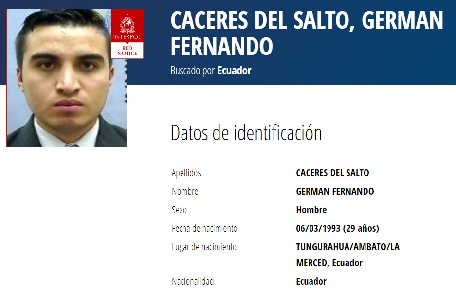 INTERPOL's Red Notice after the escape of Lieutenant Germán Cáceres