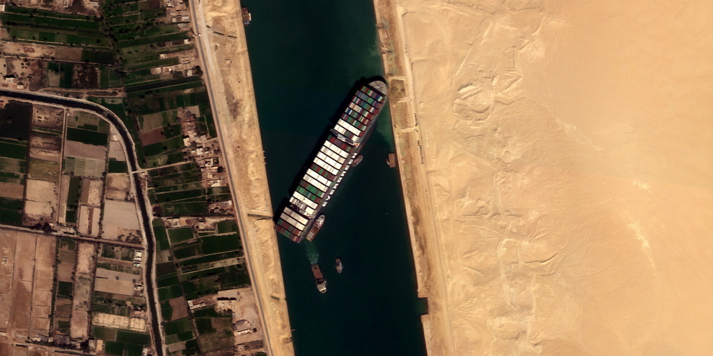 Una imagen satelital de Satellogic del barco Ever Given que bloqueó este año en el Canal de Suez