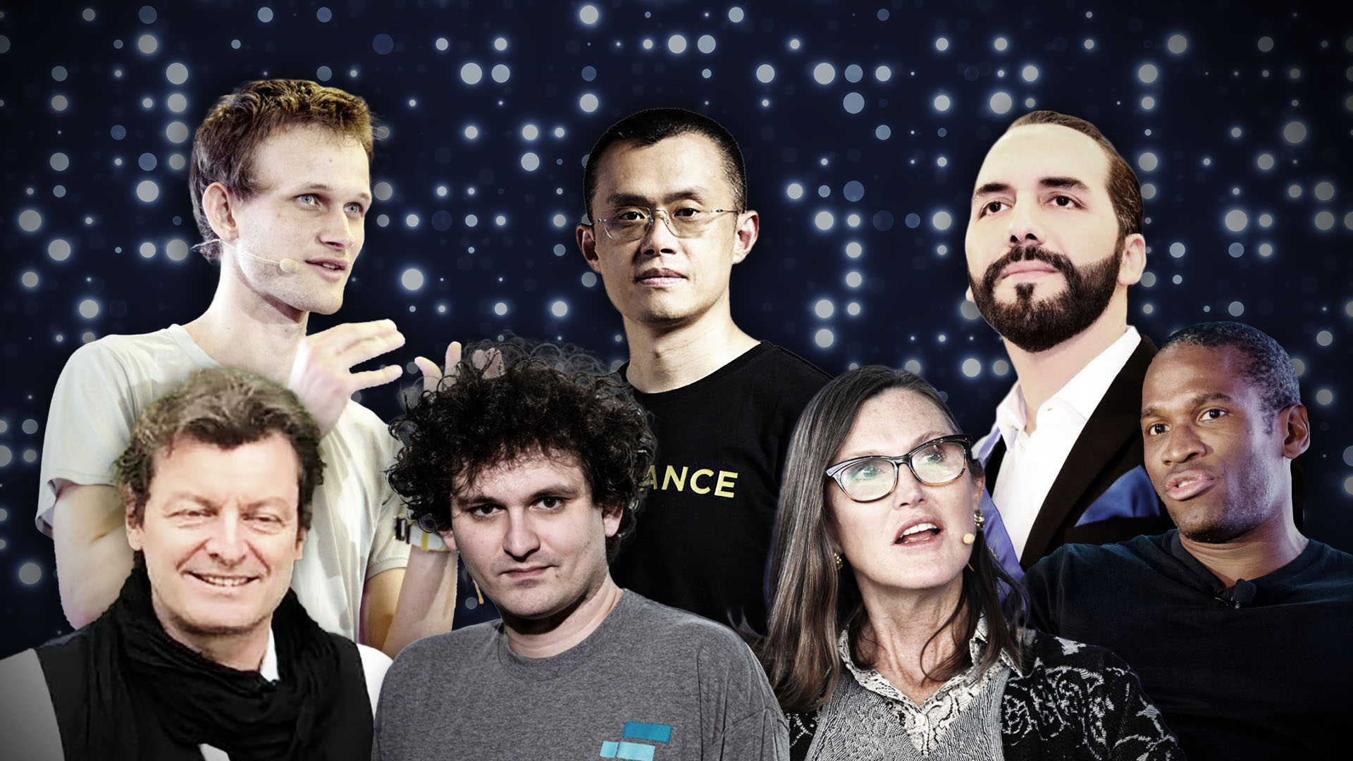 Algunos figuras del universo cripto. Arriba, de izquierda a derecha, Vitalik Buterin (Ethereum), Changpeng Zhao (Binance) y Nayib Bukele, presidente de El Salvador. Abajo: Giancarlo Devasini (Tether), Sam Bankman Fried (FTX), Cathie Wood (Ark Invest) y Arthur Hayes (BitMEX)