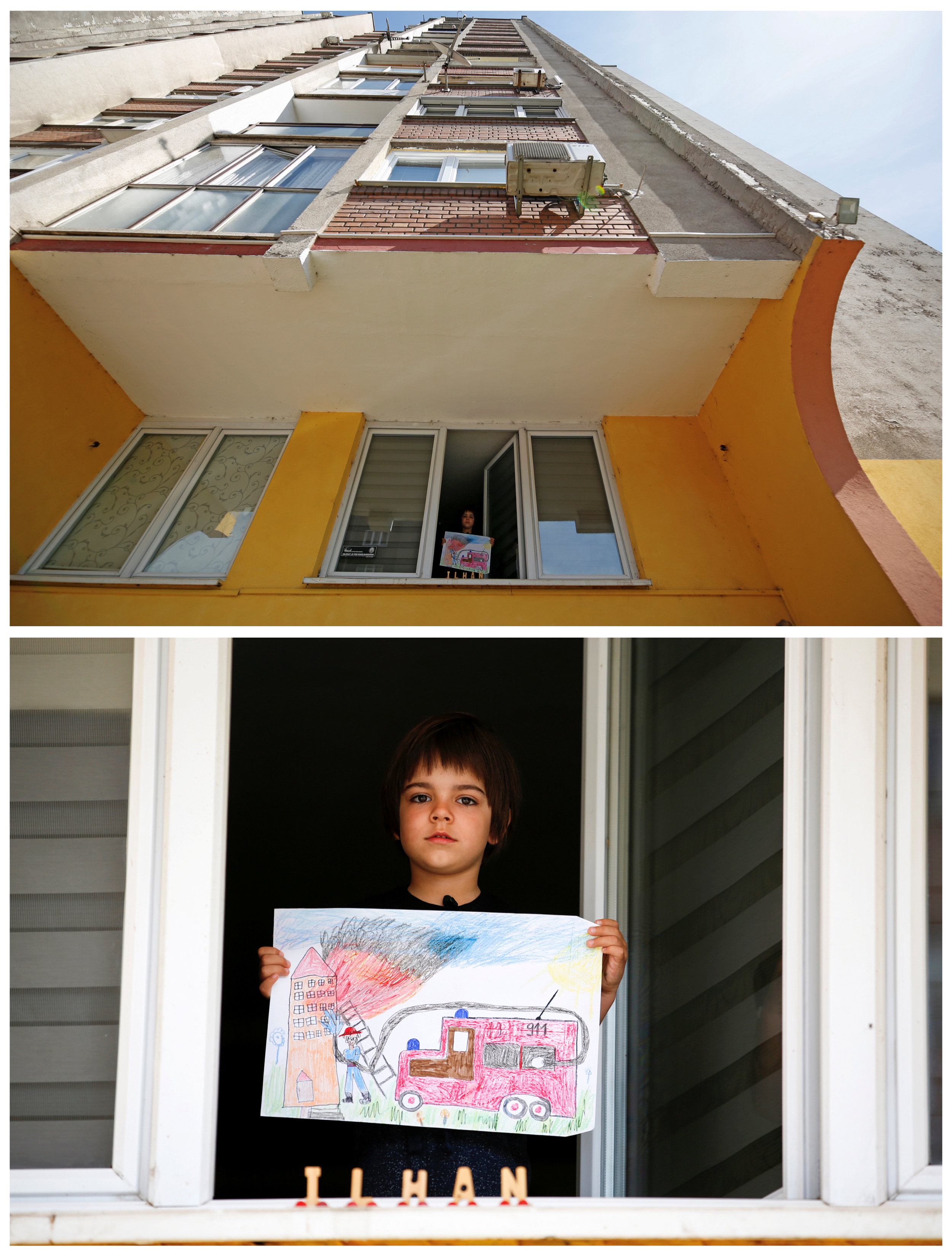 Ilhan Ruvic, 5, posa para una foto mientras sostiene un dibujo que hizo durante el brote de coronavirus, en una ventana de su casa en Zenica, Bosnia y Herzegovina, el 19 de abril de 2020.