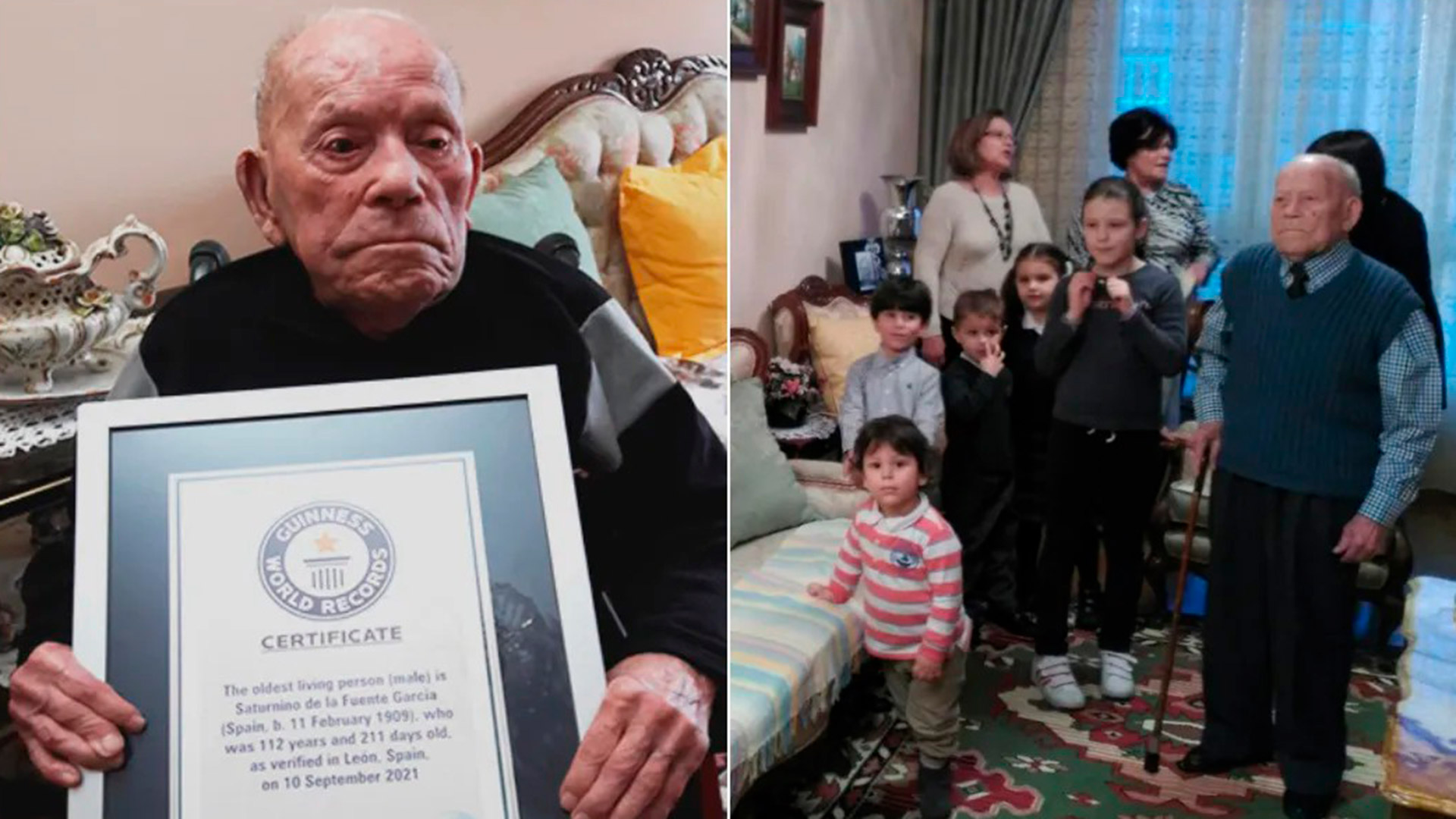 Saturnino de la Fuente posa con el certificado de los récords Guinness y junto a su familia