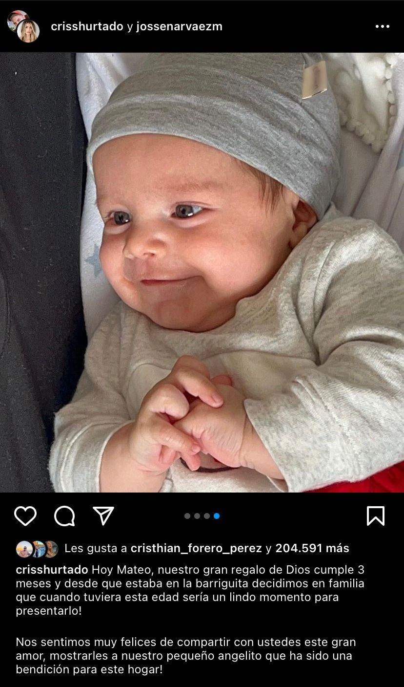 La presentadora Cristina Hurtado compartió un emotivo mensaje en su cuenta de Instagram al presentar a su hijo Mateo oficialmente. Tomada de Instagram @crisshurtado