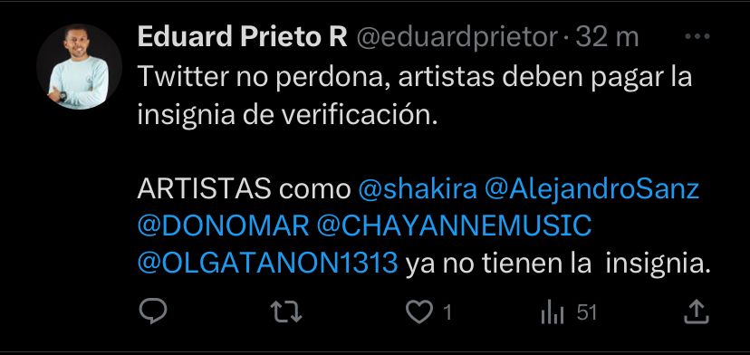 Seguidores de Shakira se despachan contra las nuevas políticas de Twitter por el "chulito azul". @eduardoprietor/Twitter