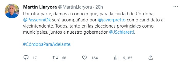 El tuit de Martín Llaryora sobre las fórmulas