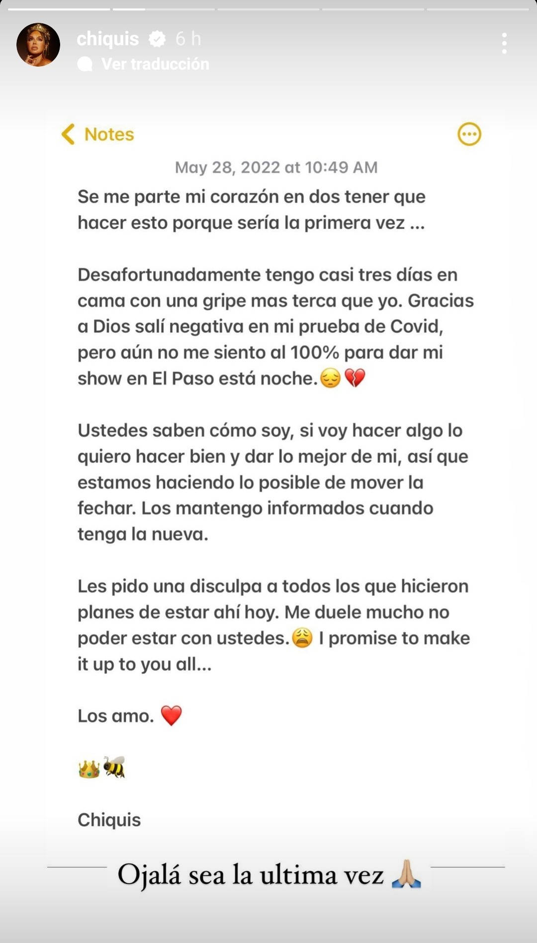 Con este mensaje, Chiquis anunció que no se sentía completamente bien para poder dar su show (Foto: Instagram/ @chiquis)