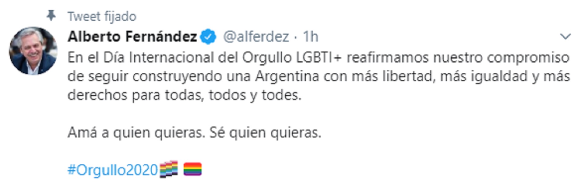 El Tuit de Alberto Fernández en el Día del Orgullo LGBTI+