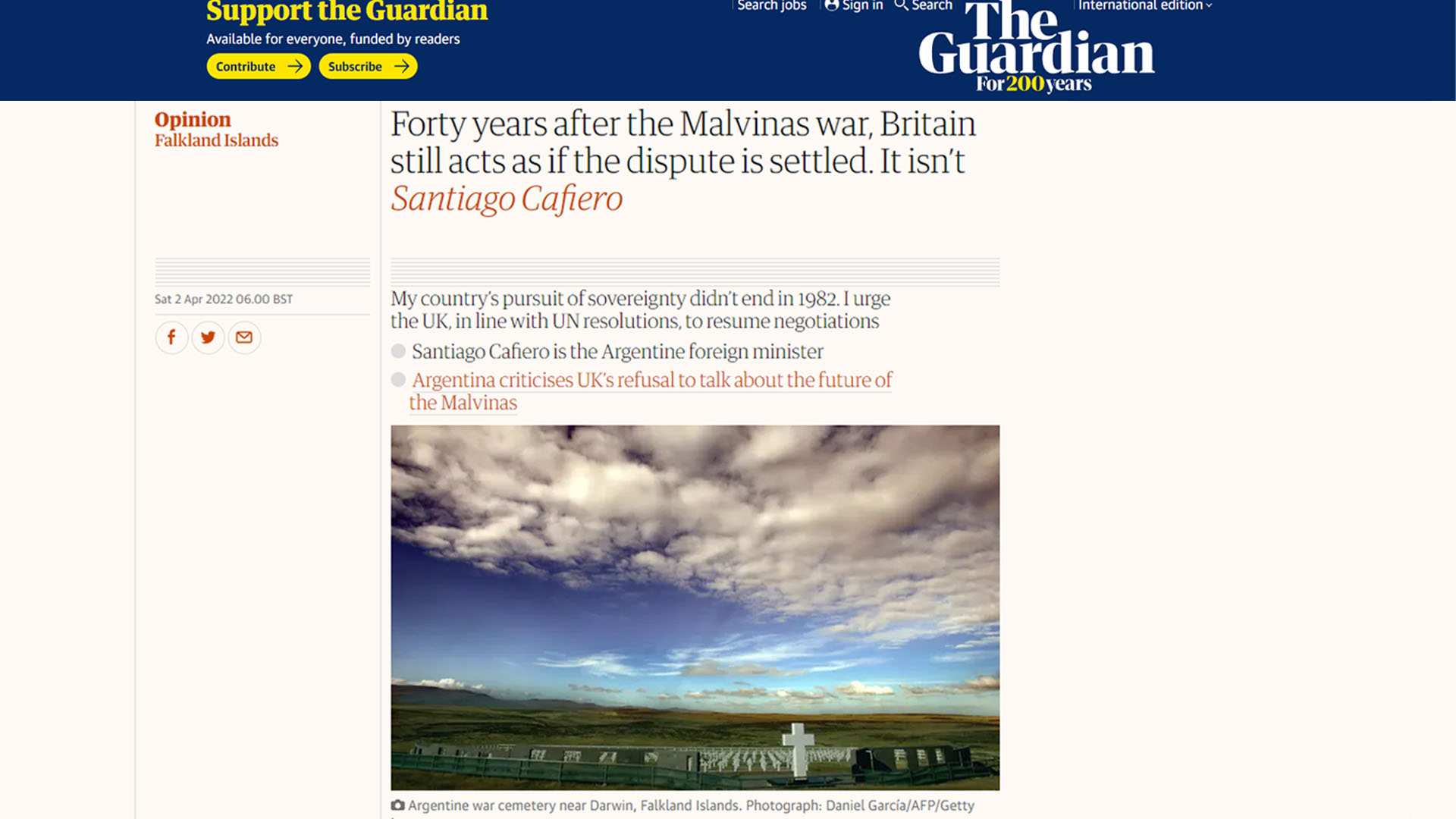 La tribuna del canciller argentino en The Guardian