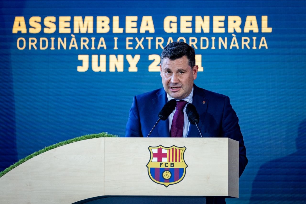El vicepresidente económico del FC Barcelona, Eduard Romeu, en la Asamblea General Ordinaria y Extraordinario del club blaugrana realizada el 20 de junio de 2021 en el Camp Nou