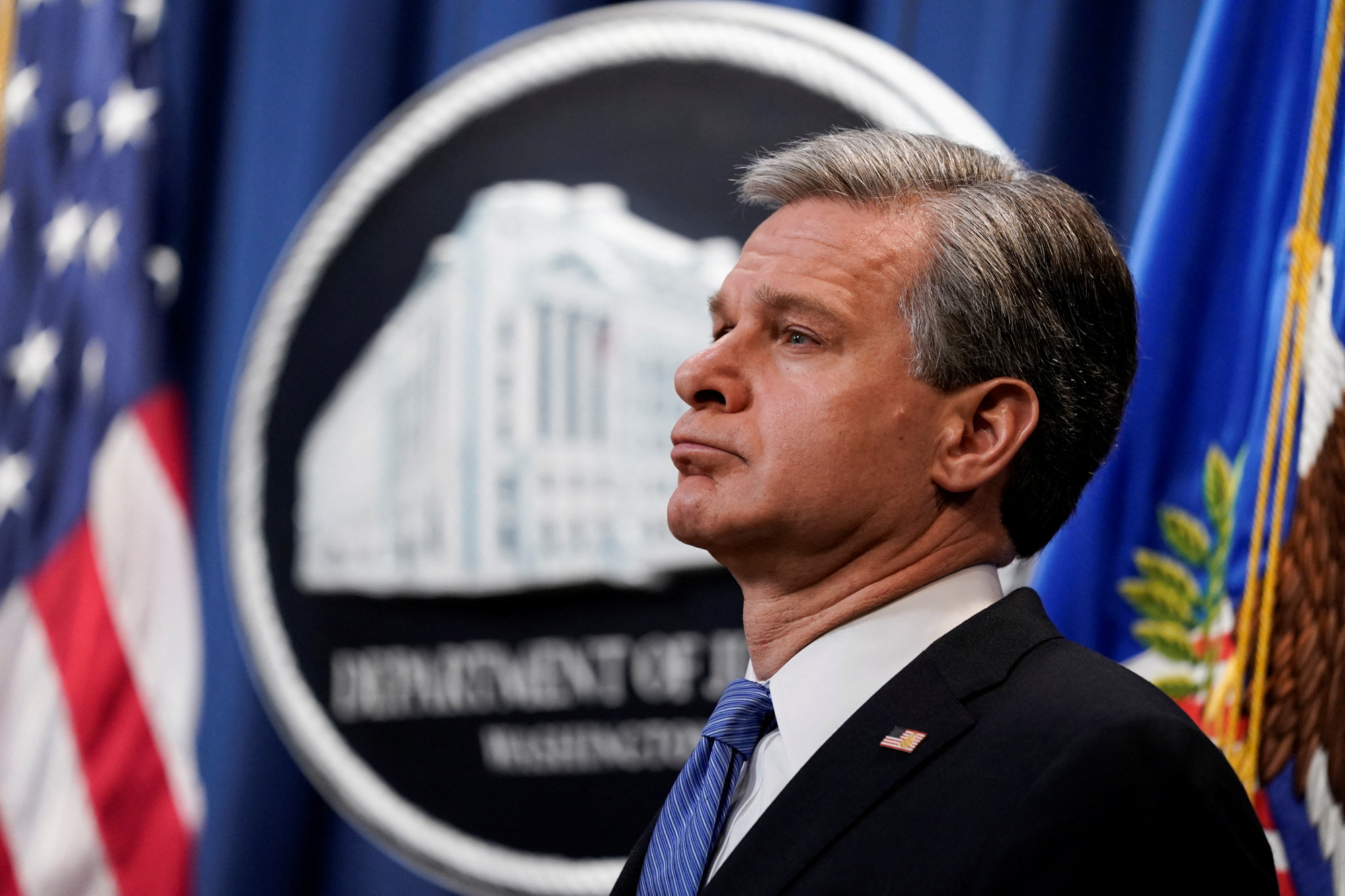The director of the FBI, Christopher Wray, in the Department of Justice in Washington, United States, on April 6, 2022. REUTERS/Elizabeth Frantz