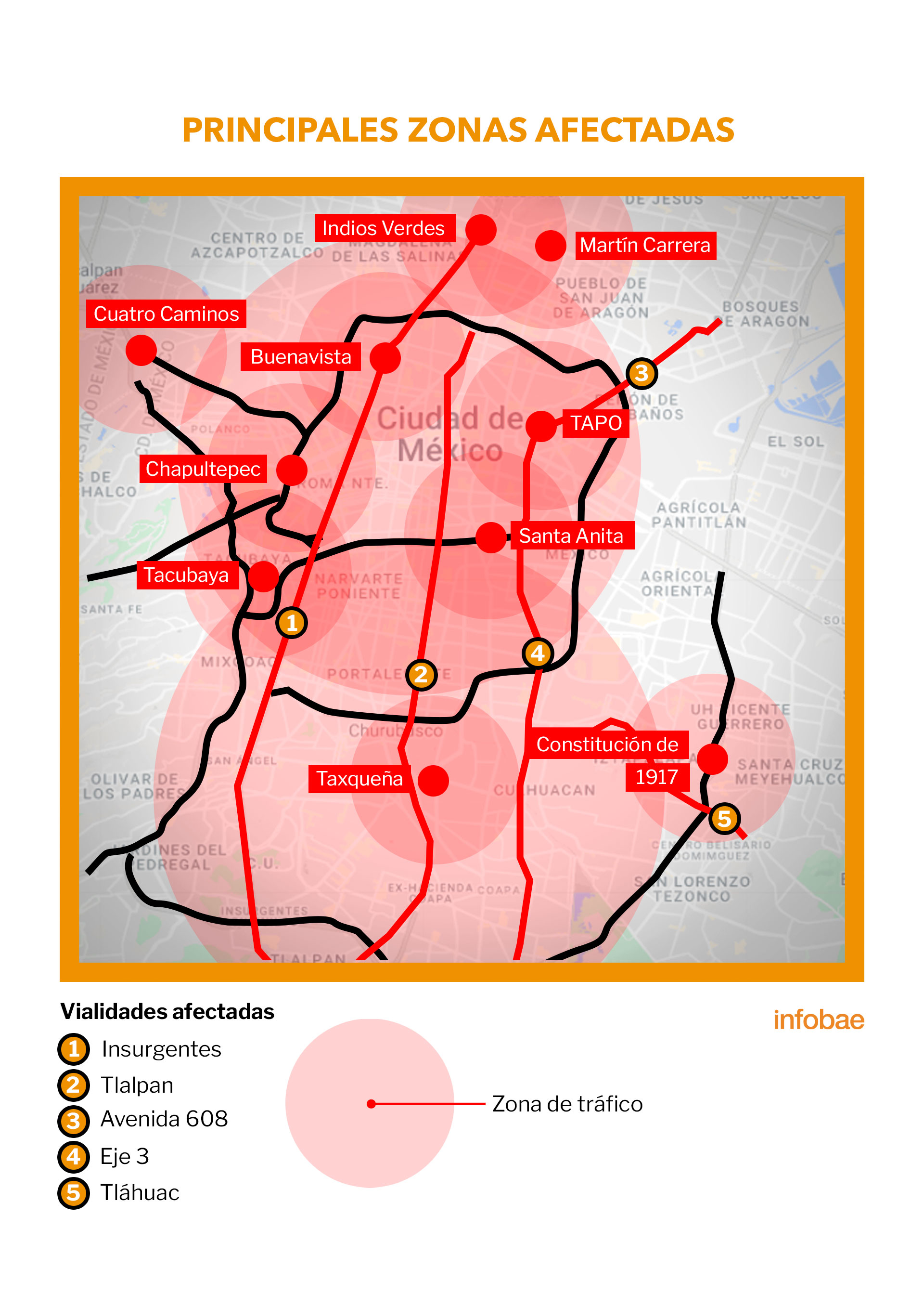 Las vialidades más afectadas serán Calzada de Tlalpan, Insurgentes, Avenida 608, Eje 3 y Tláhuac. Imagen: Infobae