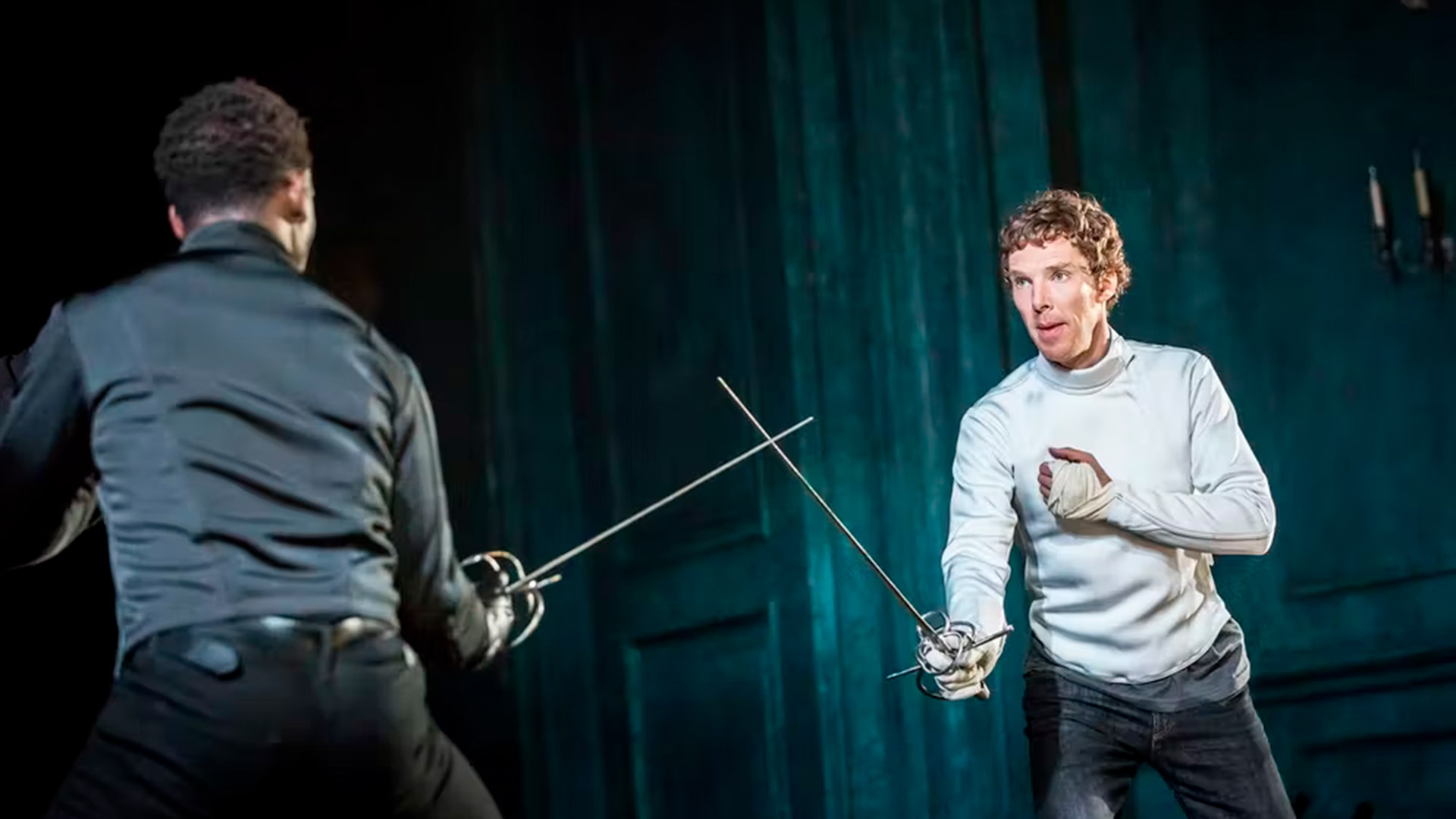 Benedict Cumberbatch as Hamlet and Kobna Holdbrook-Smith as Laertes in National Theatre's Hamlet, which was shot at the Barbican Theater in 2015. National Theatre/Amazon Prime Video