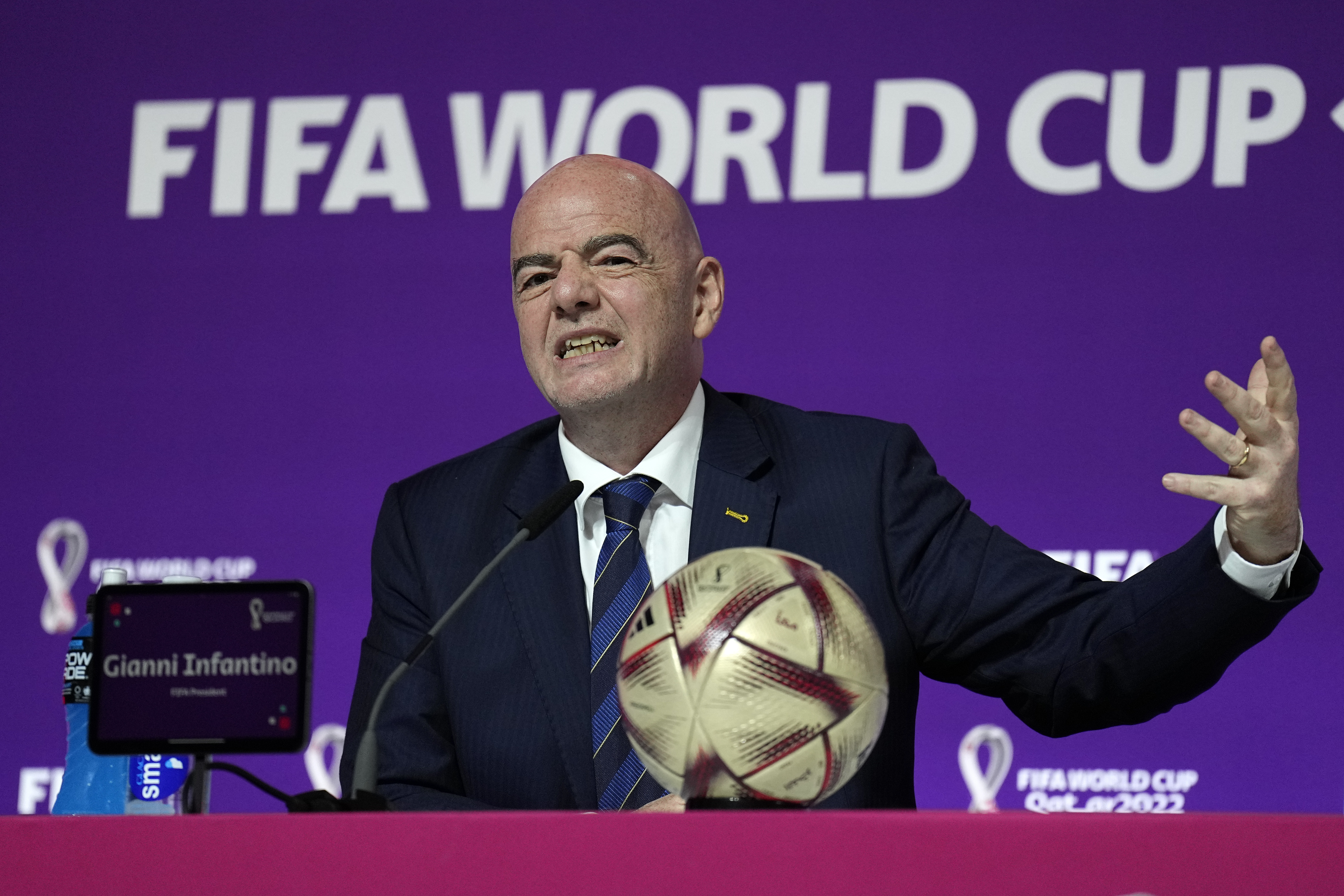 In a photo from December 16, 2022, FIFA President Gianni Infantino speaks at a press conference during the Qatar World Cup in Doha, Qatar. (AP Photo/Martin Meissner)