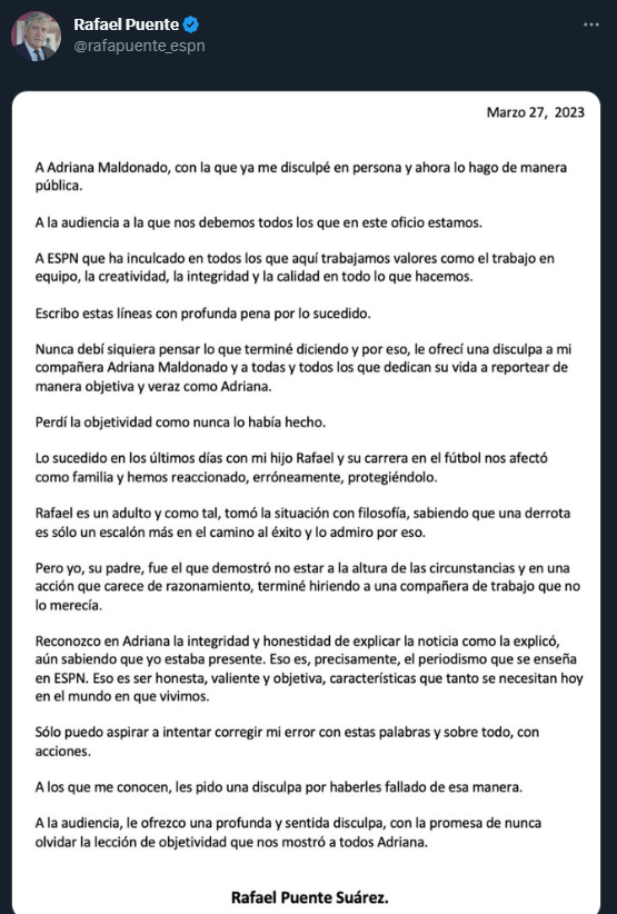 Rafa Puente se disculpó con Adriana Maldonado (Twitter/@rafapuente_espn)
