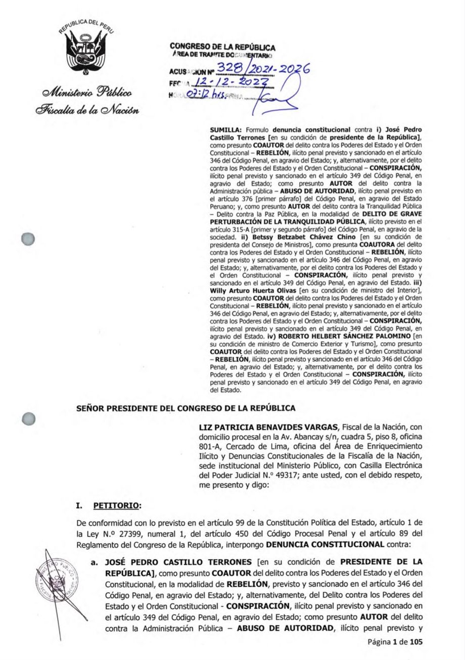 Denuncia de la Fiscal de la Nación contra Pedro Castillo y exministros de Estado