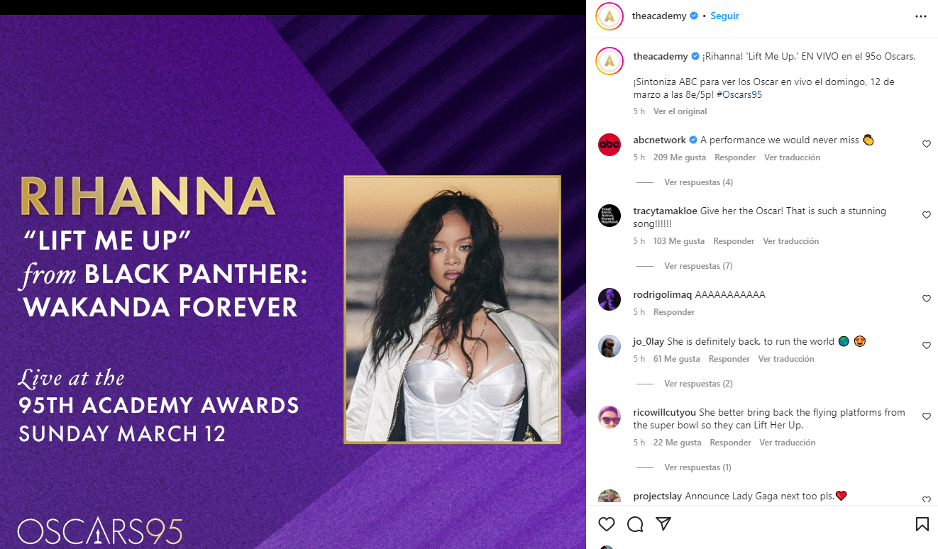 La Academia anunció la participación de Rihanna en los Óscar (Instagram)