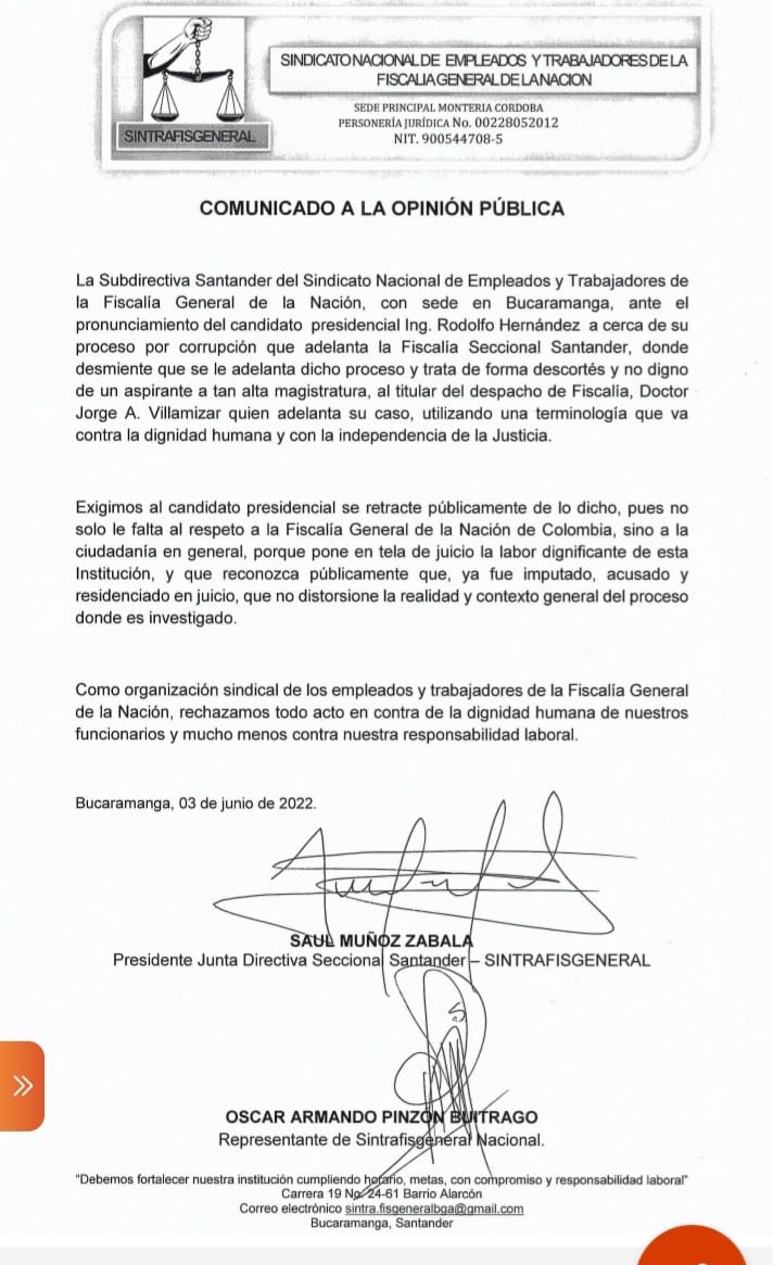 Proceso Vitalogic: "No negar ni distorsionar la realidad” pide sindicato de la Fiscalía a Rodolfo Hernández 1 UIZ2FV54DBDYZDBPSKPNQBTL4E