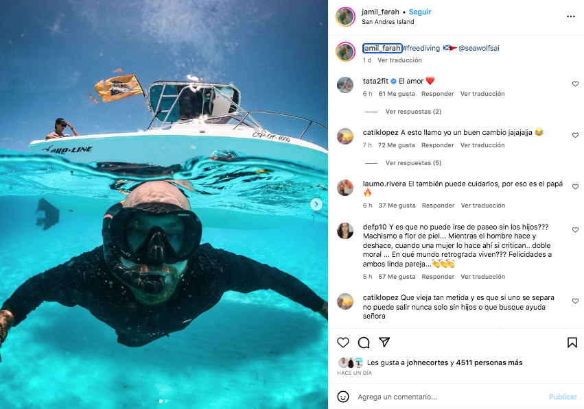 La foto de Jamil Farah en la que se ve a Carolina Cruz a bordo de un bote en San Andrés, lo que confirmaría su relación. @jamil_farah/Instagram