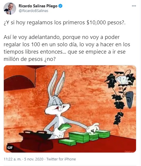 El empresario Ricardo Salinas Pliego cuestionó a sus seguidores si comenzaba con la dinámica para regalar el 1 millón de pesos (Foto: Twitter@RicardoBSalinas)