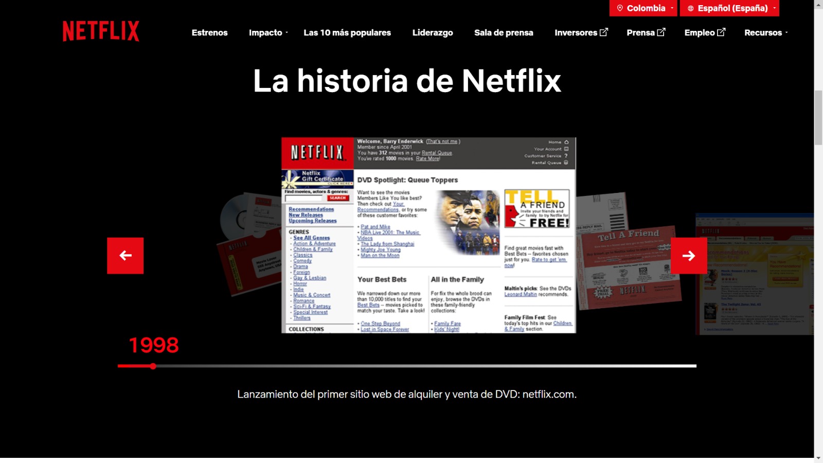 Lanzamiento del primer sitio web de alquiler y venta de DVD: netflix.com (pantallazo).