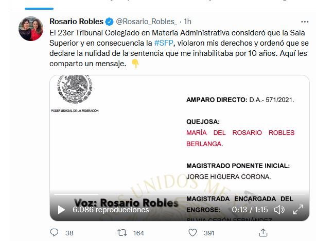Tribunal concedió amparo Rosario Robles contra su inhabilitación como servidora pública por 10 años